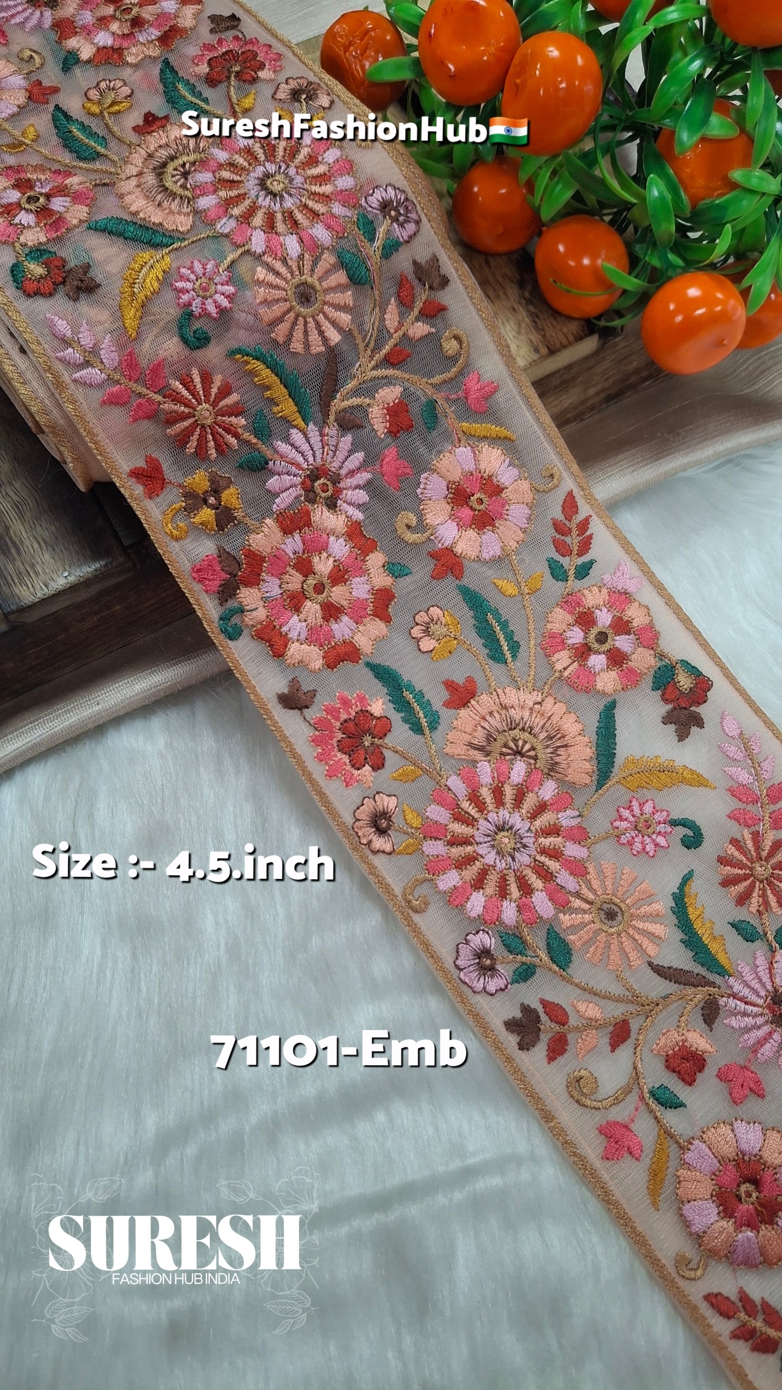 Peach Multi-Thread Floral Net Border – 71101-Emb