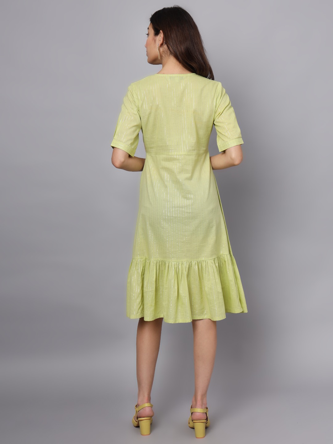 GREEN LUREX EMBROIDERED TIER DRESS