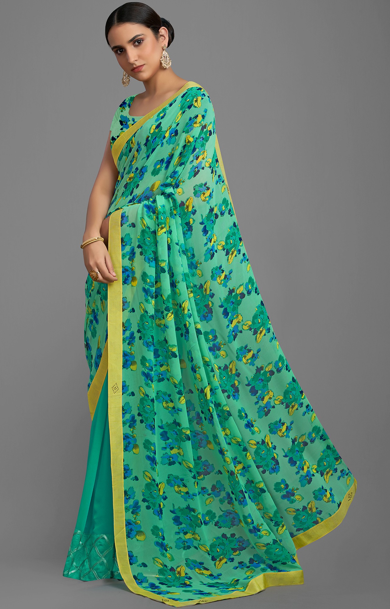 Women's Light Green Georgette Floral Print Half N Half Saree-SHAMA6671SSSR004