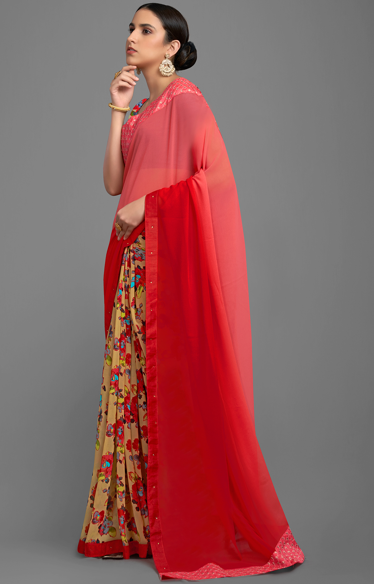 Women's Red and Beige Georgette Chiffon Blend Solid Printed Half N Half Saree-SHAMA6672SSSR004