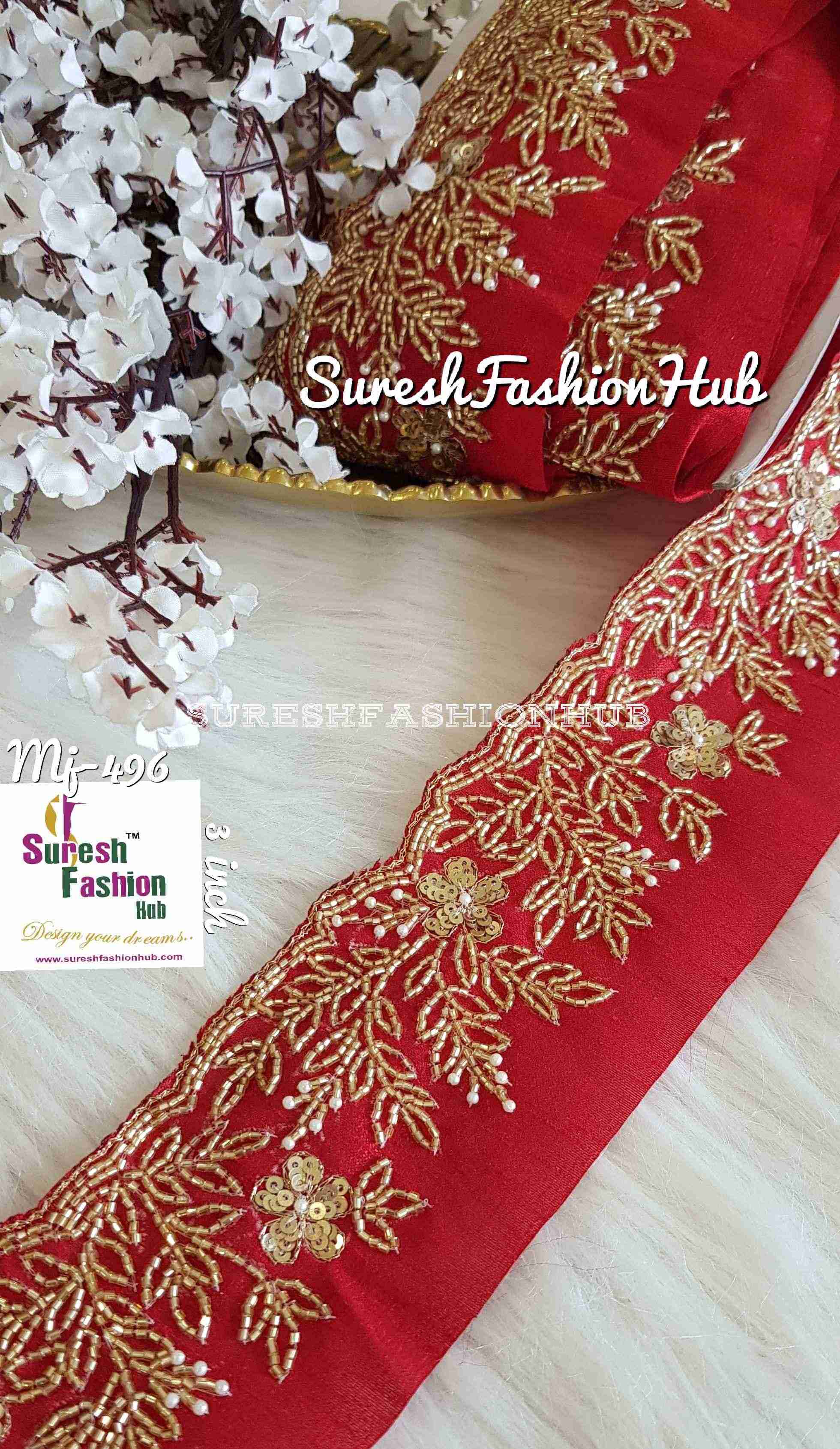 Hand Embroidered Tomato Red Heavily Studded Trim