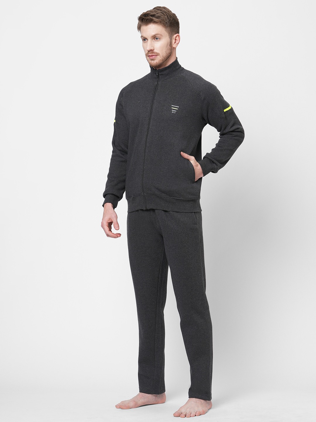 Sweet Dreams Men Charcoal Mel Fleece Solid Tracksuits