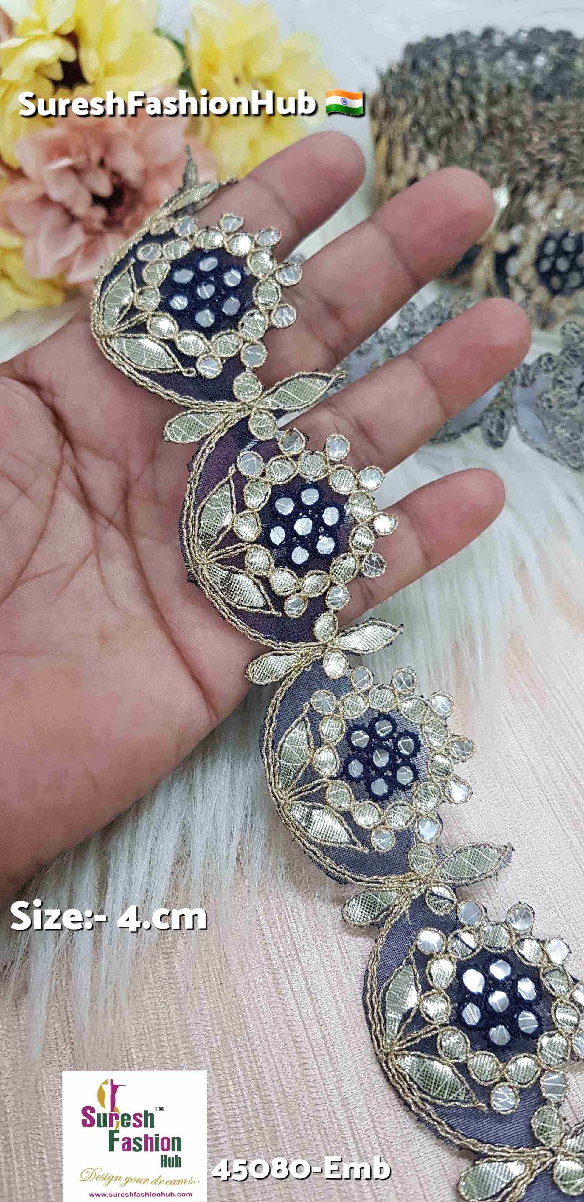 Navy Blue Mirror Blossom Laser Cut Gota Lace