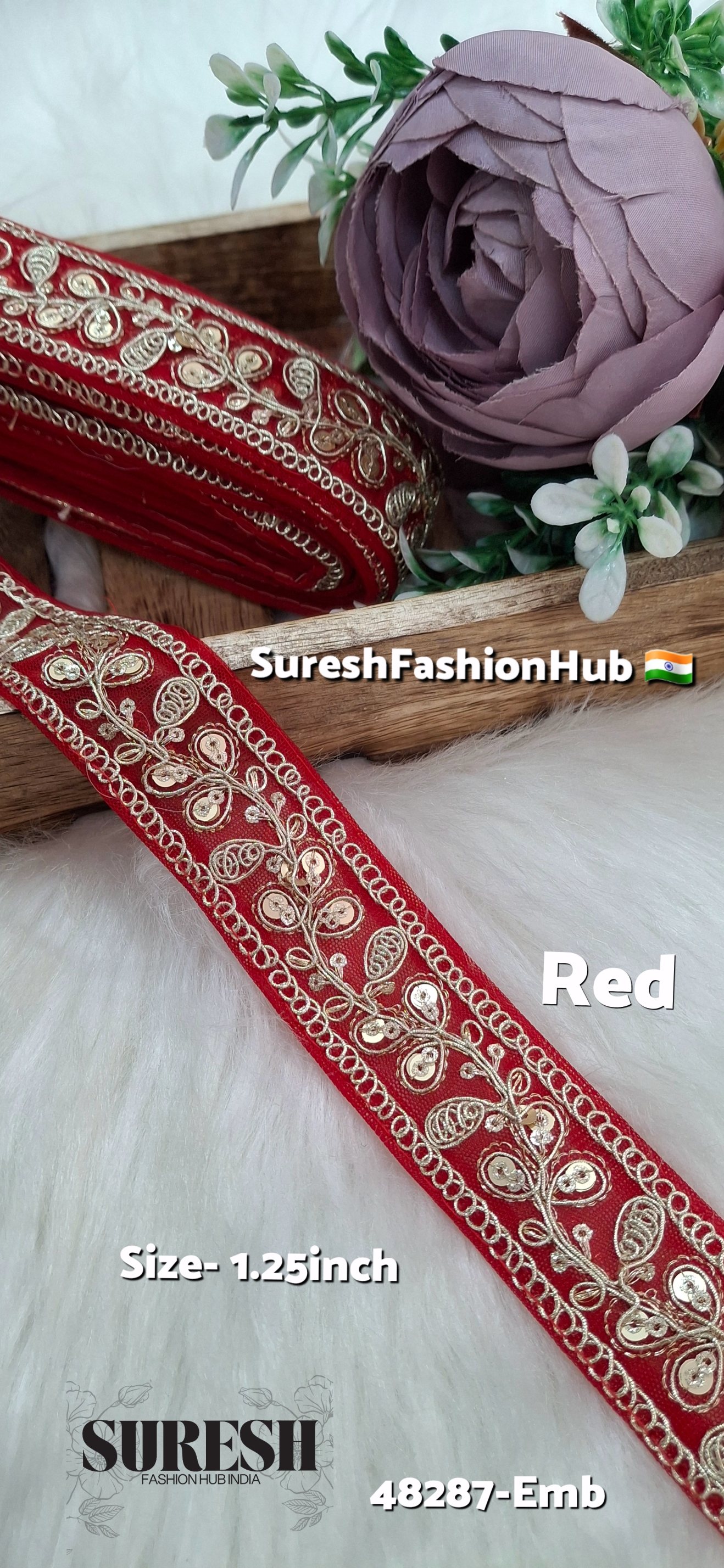 Red  Pearl Dori Zari Embroidery Border Lace