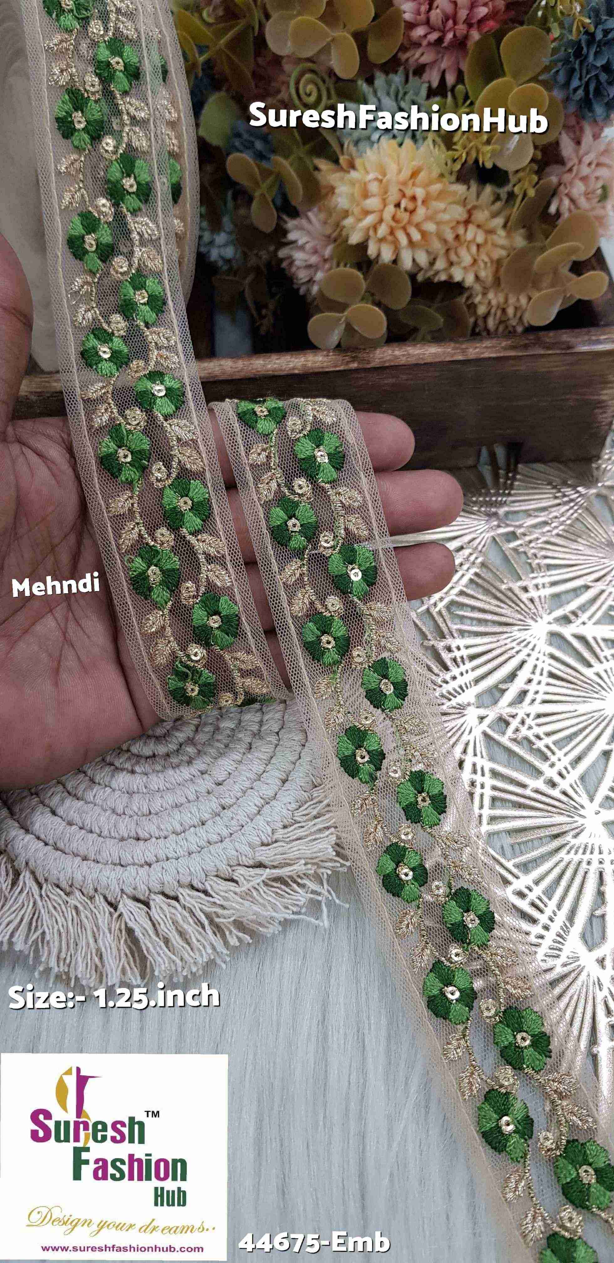 Dual Tone Mhendi Embroidered Net Lace