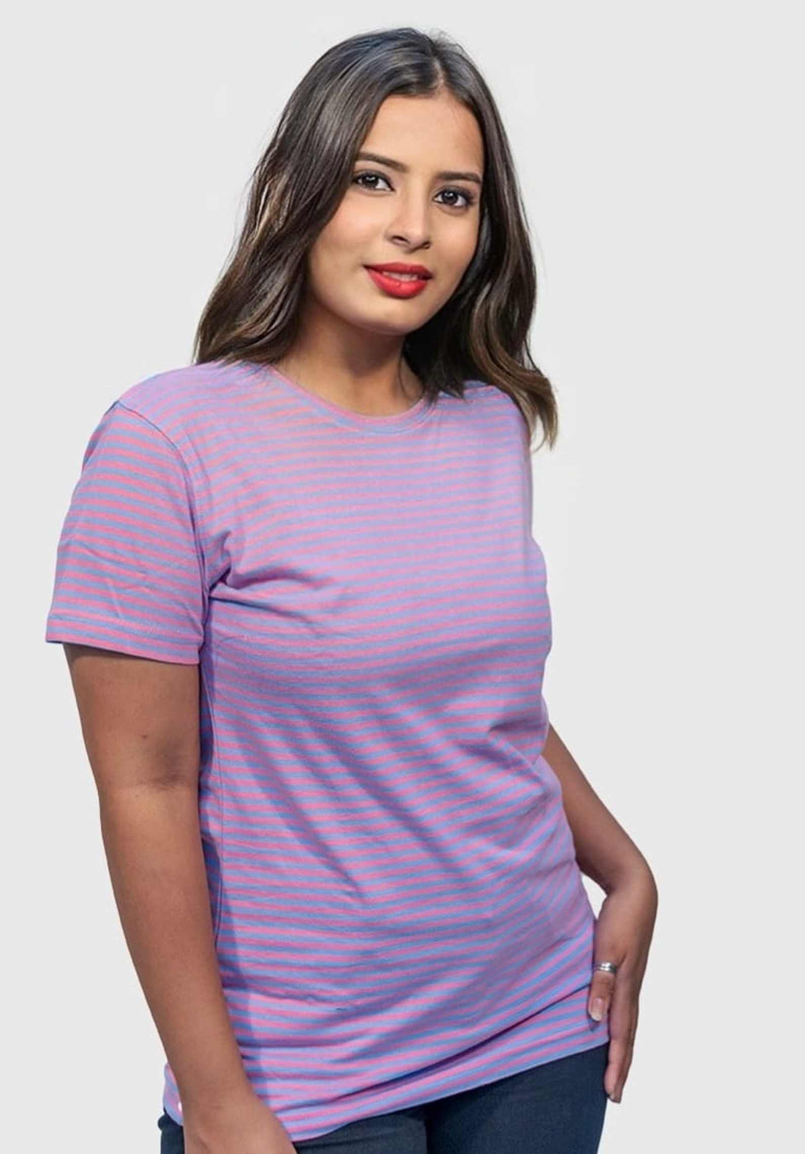Pink & Blue Striped Round Neck T Shirt