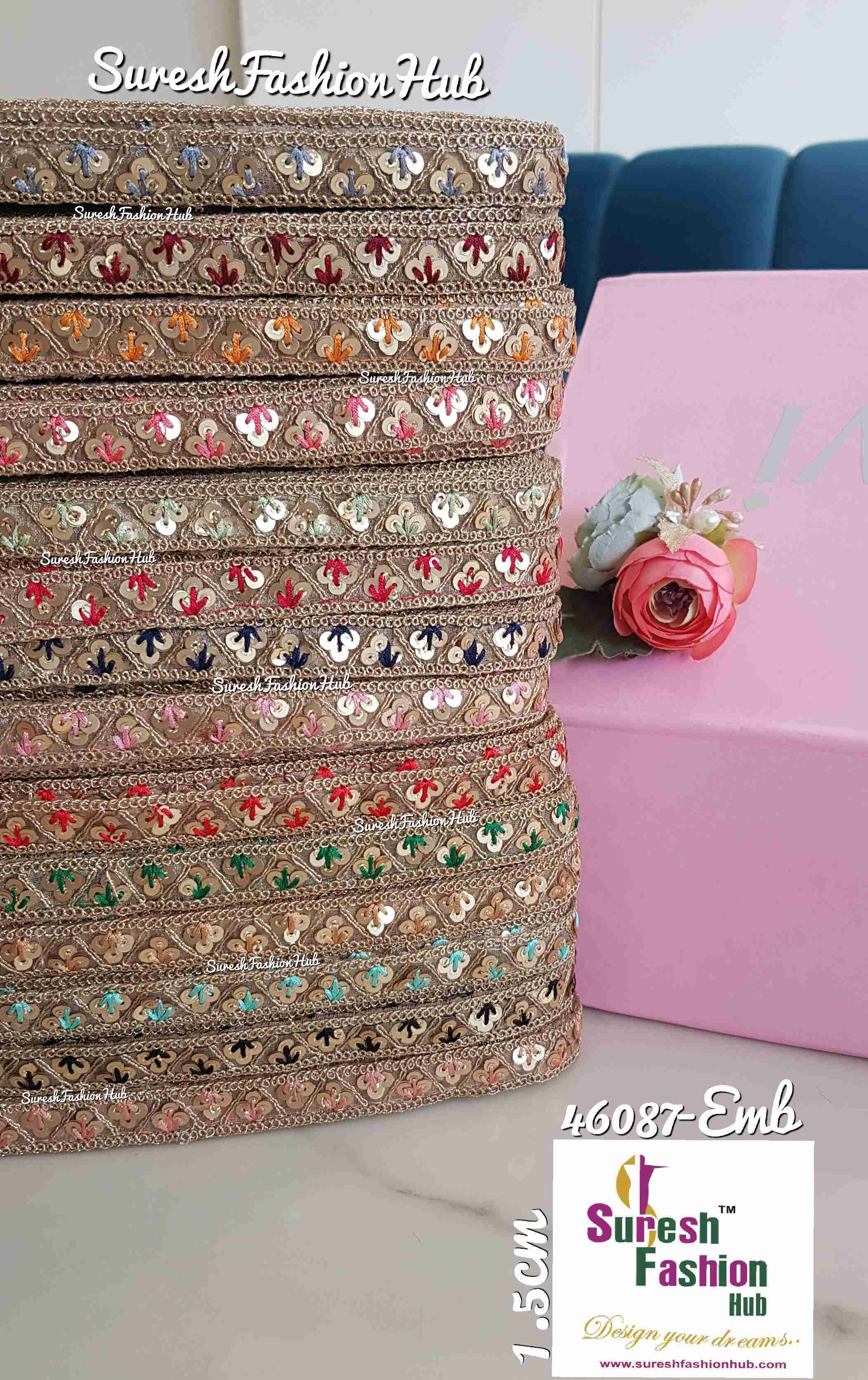 Peach Luminous Gold Zari  Sequin Borders