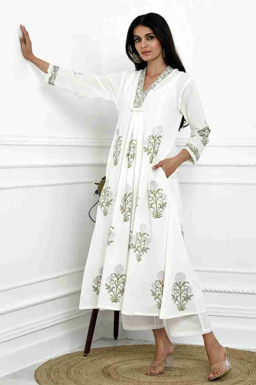 Naksh White Cotton Loose A-Line Kurta With Placement Block Printing
