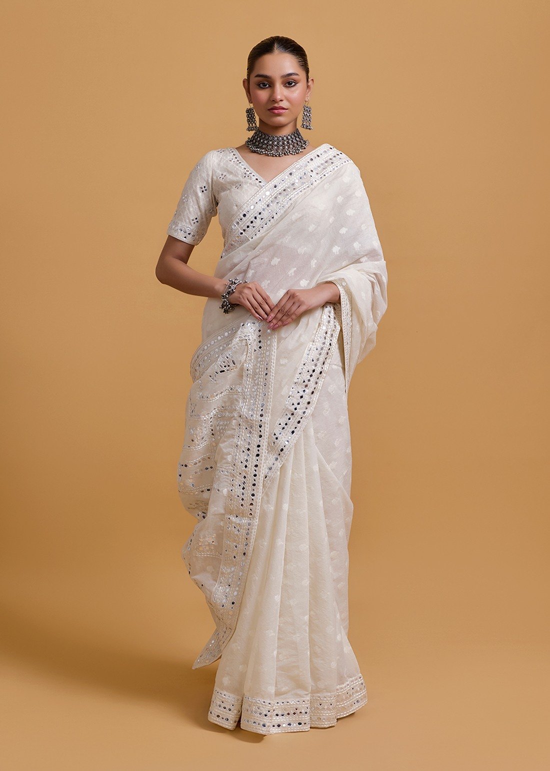 Azra Mirror Offwhite Saree