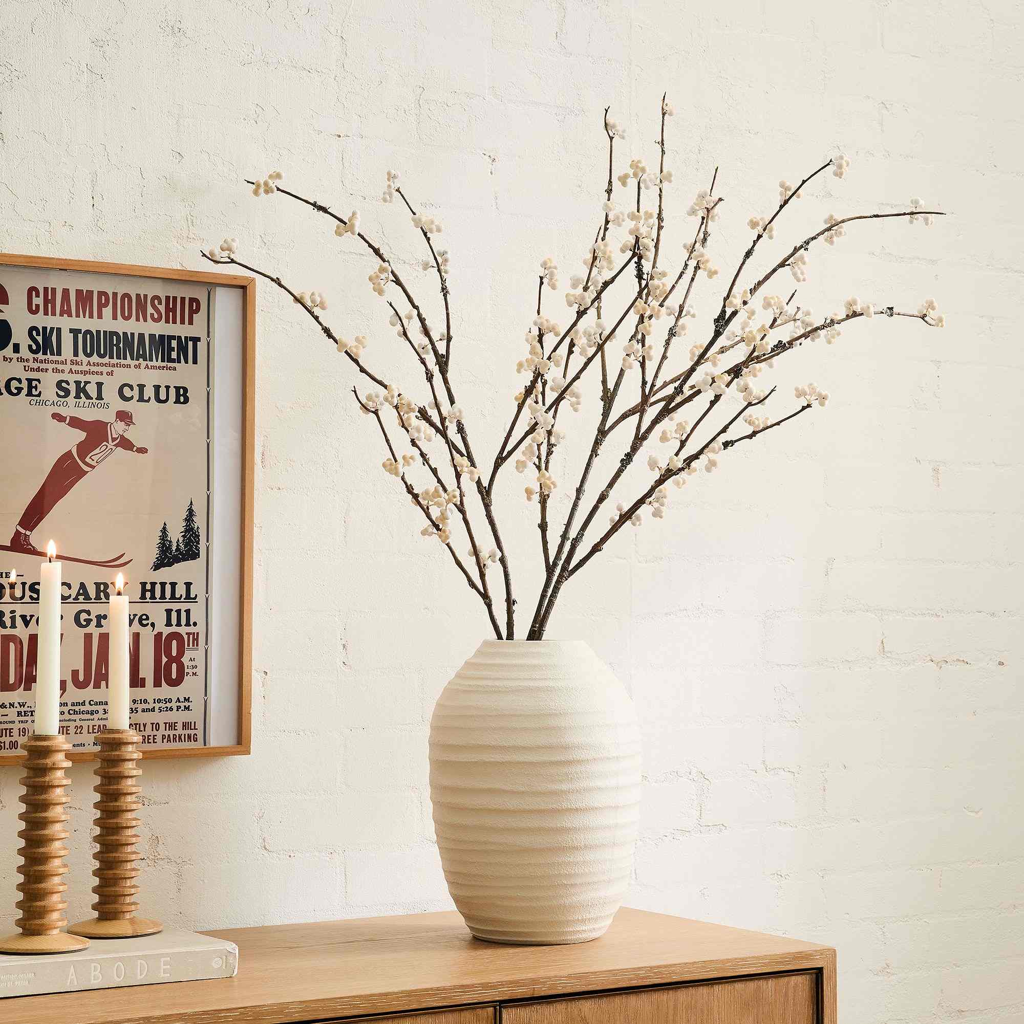 Faux White Mossy Berry Branch