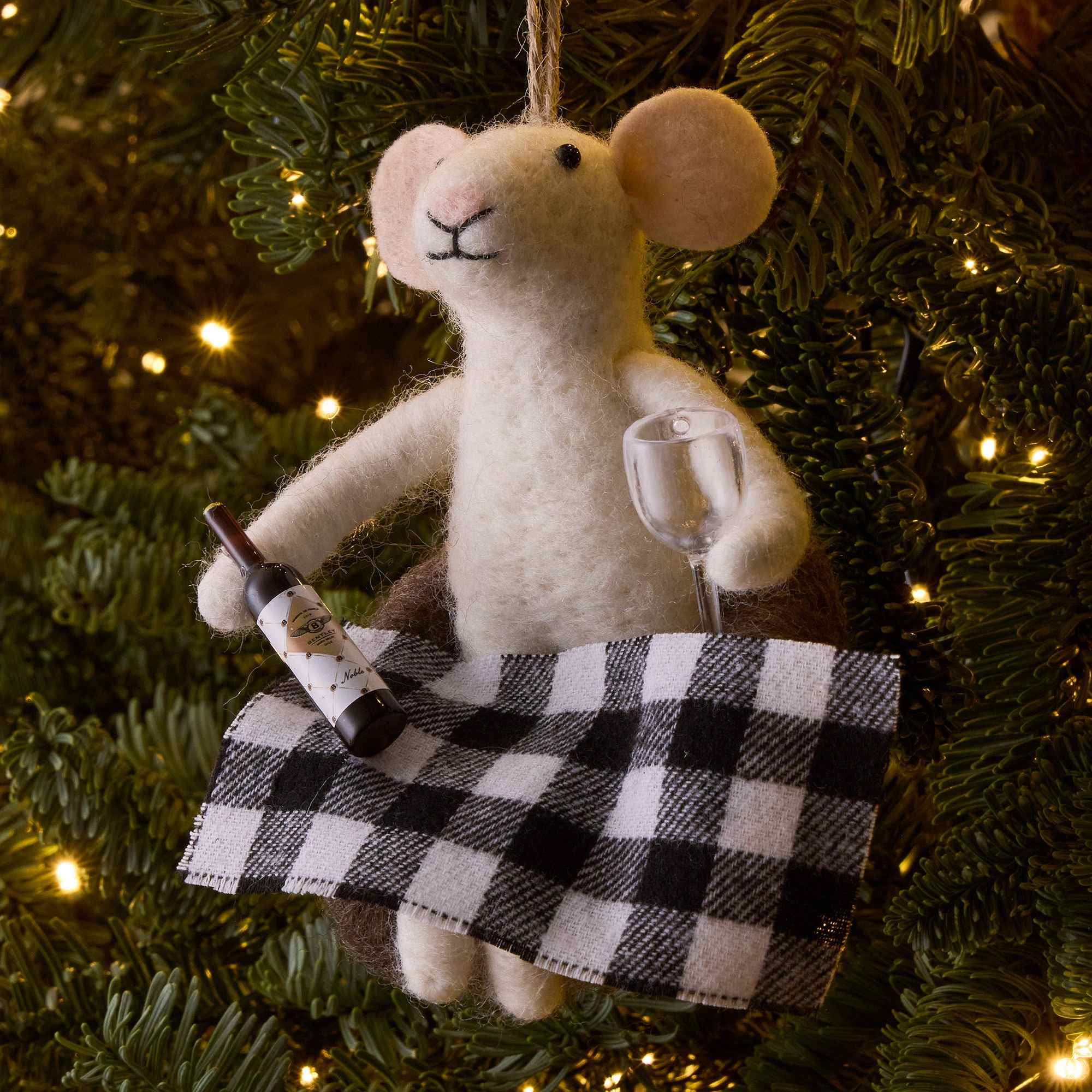 Gray Mouse Drinking Felt Ornament