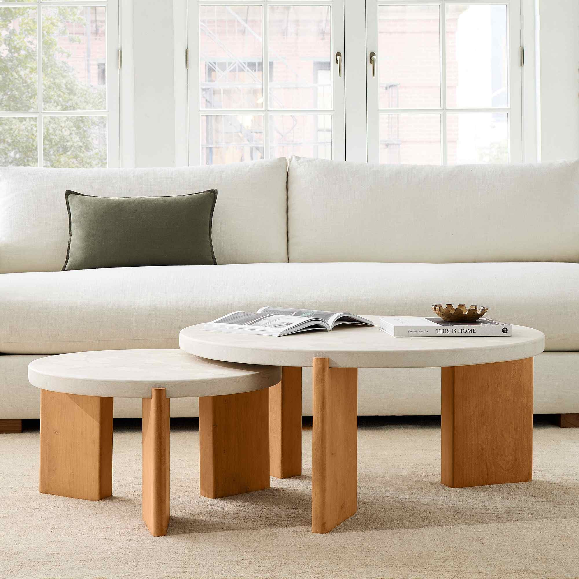 Cassian Nesting Coffee Table , Top : Concrete Natural Chalk , Base : Acacia Natural Chalk (36')