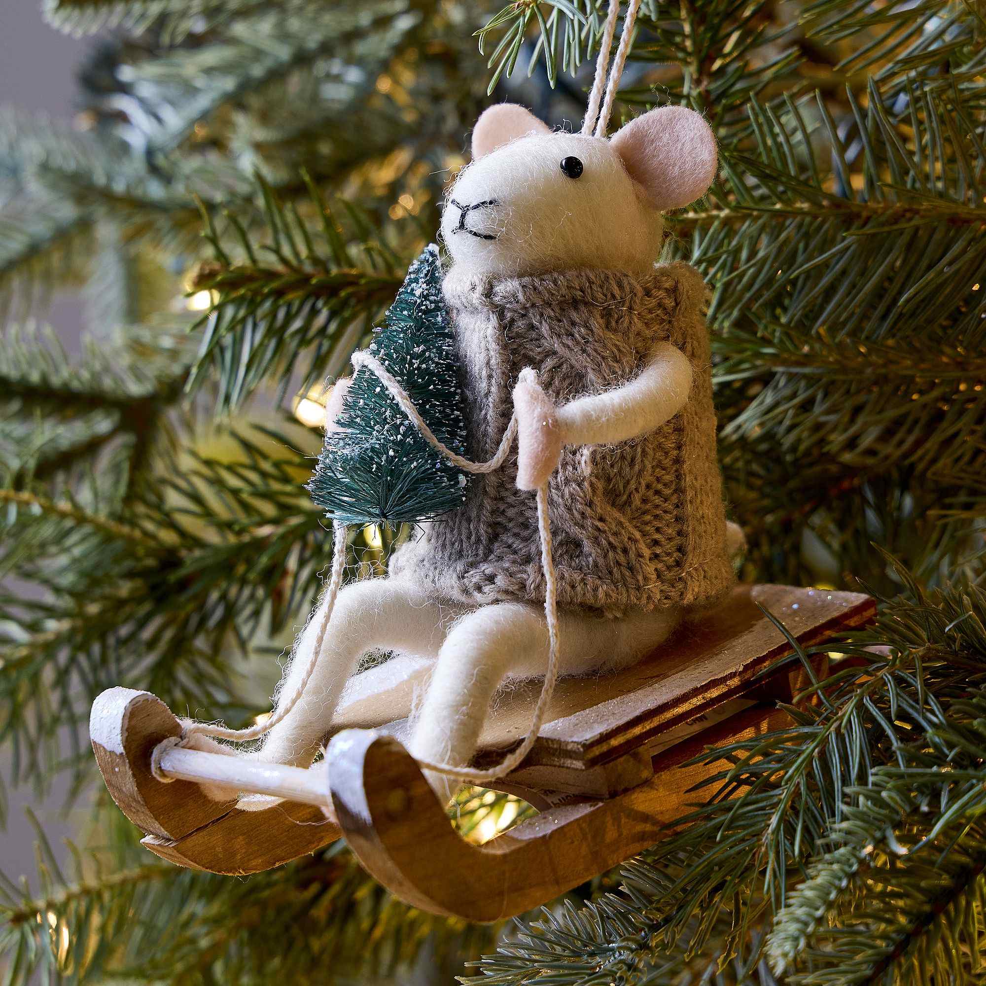Felt Sledding Mouse Ornament