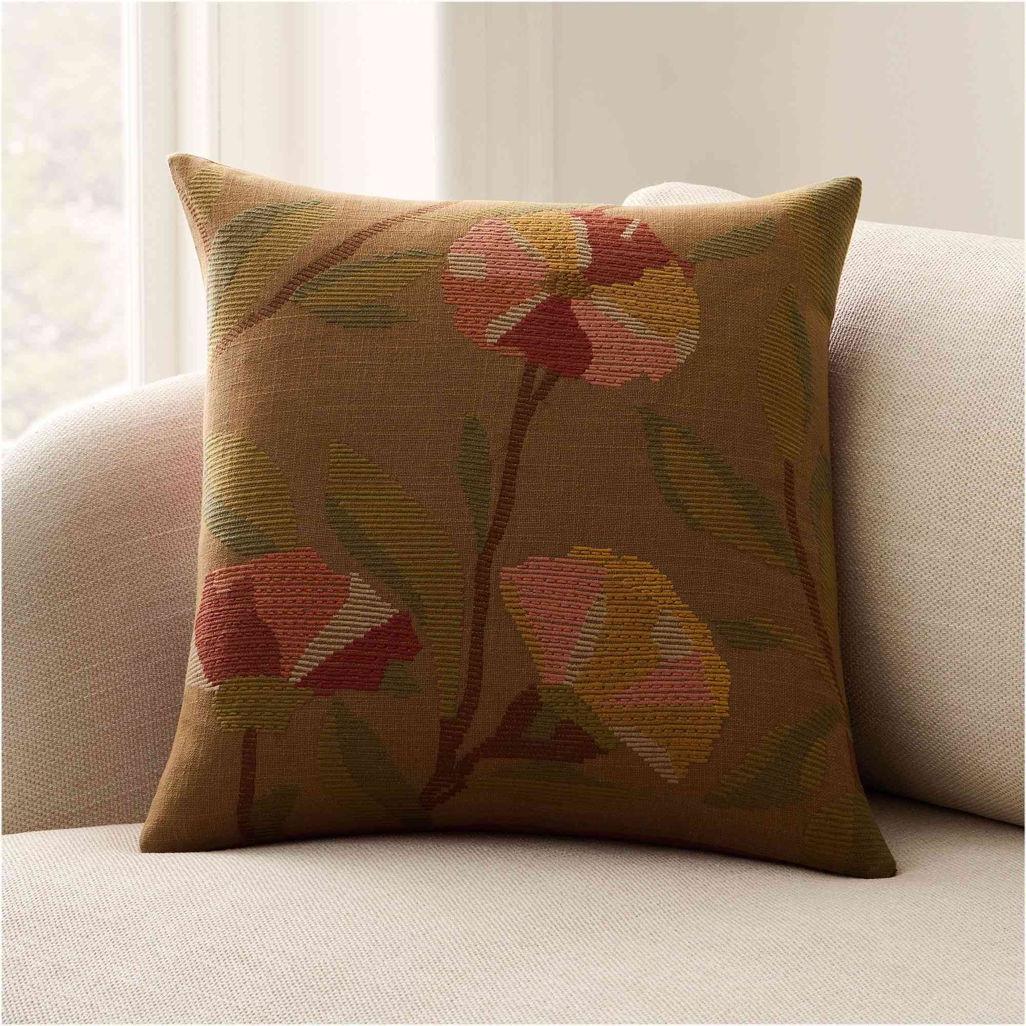 Embroidered Ribbed Floral Pillow Cover