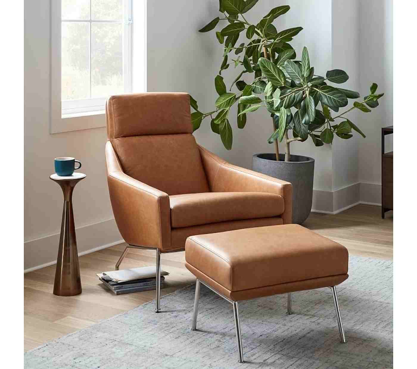 Austin Stationary Chair, Leather, Sesame, Polished Stainless Steel