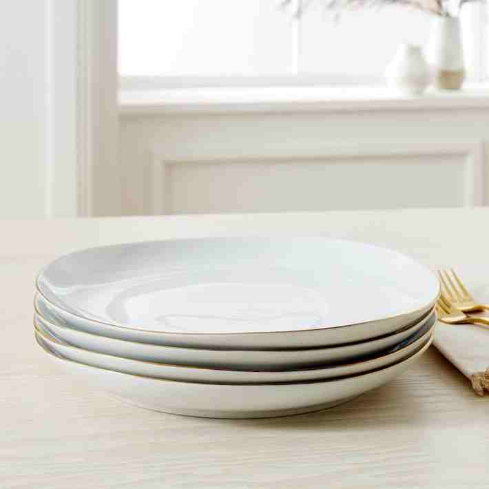 Organic Shaped Porcelain Dinner Plate, Set of 4 - Metallic Rimmed