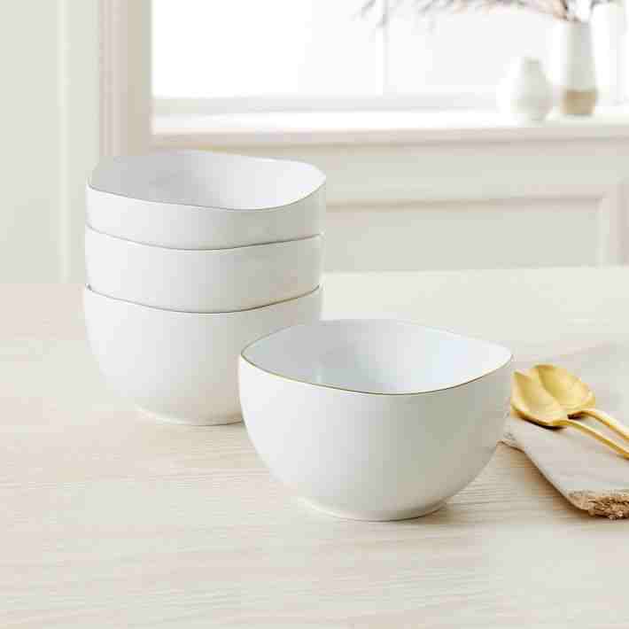 Organic Shaped Porcelain Dinnerware, Set of 4 - Metallic Rimmed