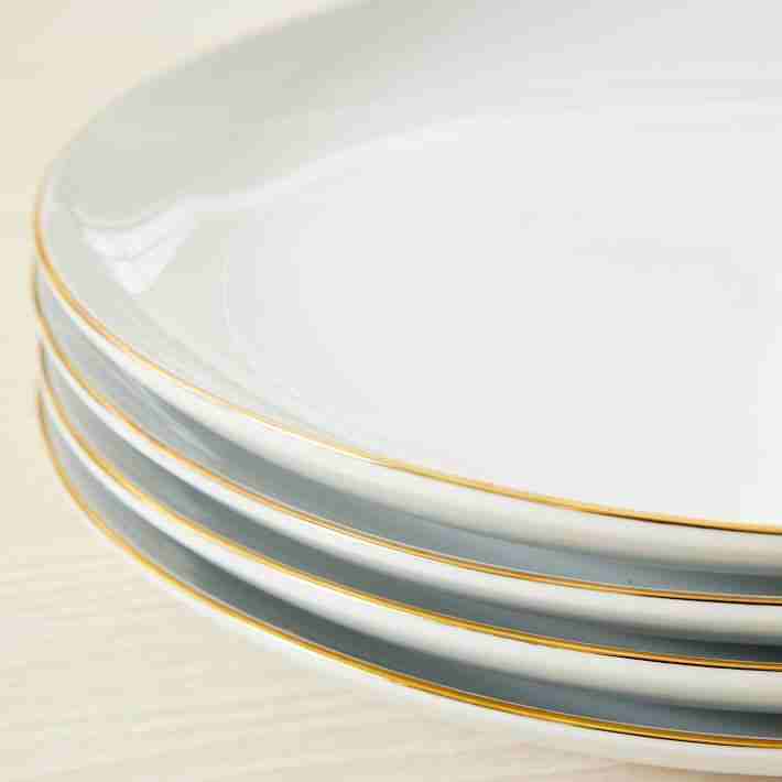 Organic Shaped Porcelain Dinnerware, Set of 4 - Metallic Rimmed