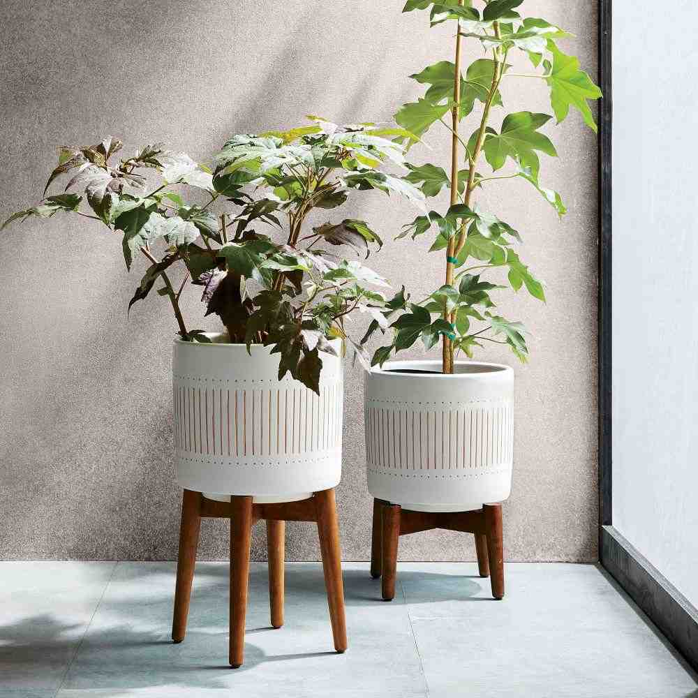 Mid-Century Turned Wood Leg Planters - White + Gold