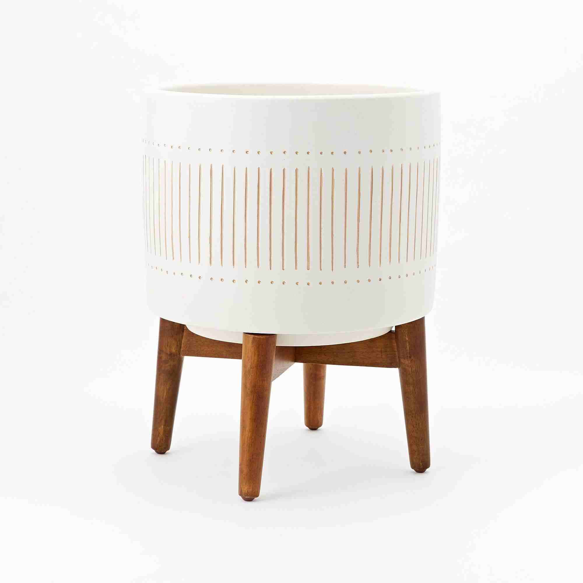 Mid-Century Turned Wood Leg Planters - White + Gold