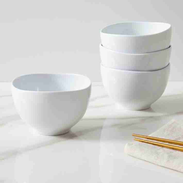 Organic Shaped Porcelain Low Bowl - Set of 4, White