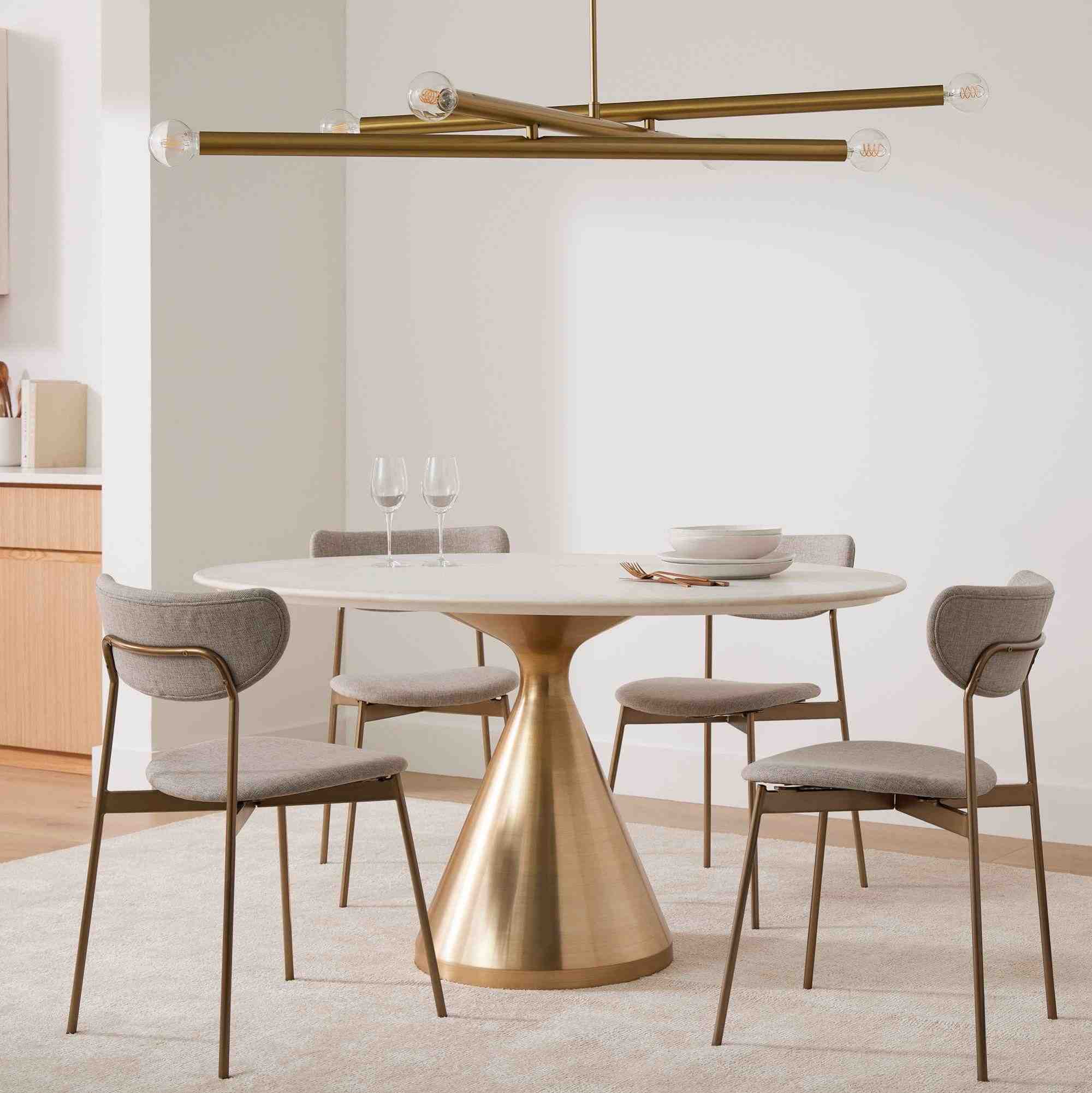 Silhouette Pedestal Round Dining Table - White Marble/Antique Brass
