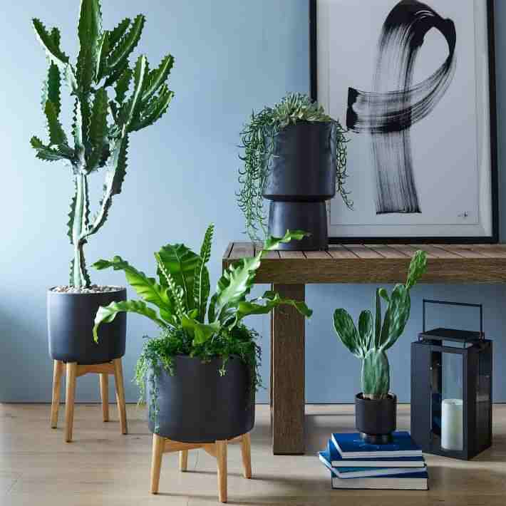 Mid Century Turned Wood Ceramic Planter