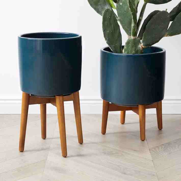 west elm | Mid Century Turned Wood Ceramic Planter