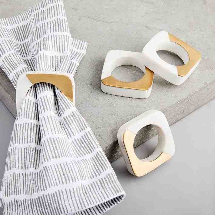 Marble + Brass Napkin Rings, Set of 4, White