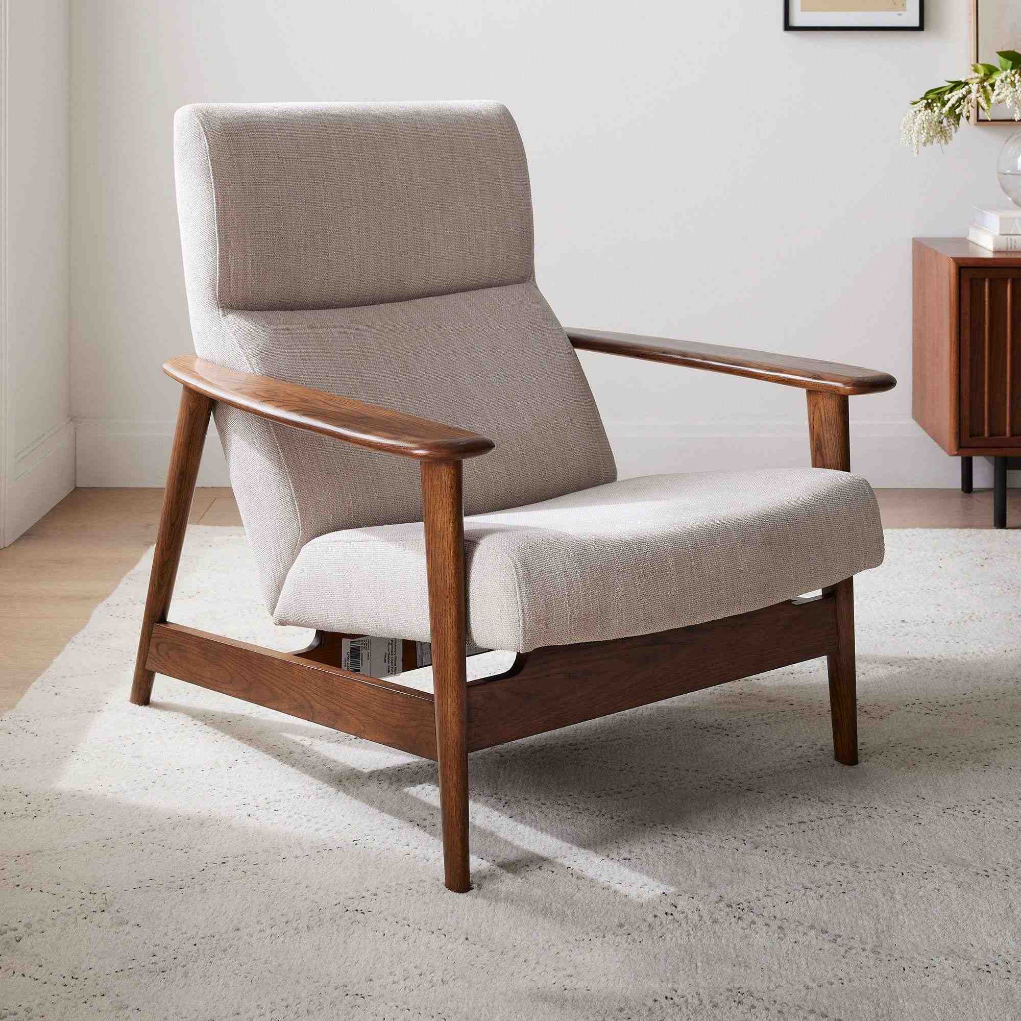 Midcentury Show Wood Highback Chair, Basket Slub, Dove, Dark Walnut