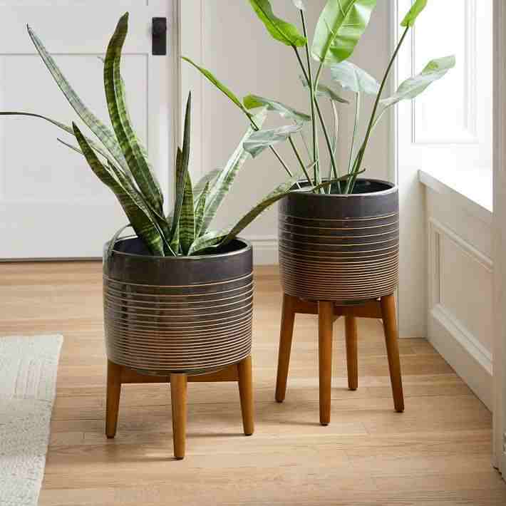 Turned Wood Ceramic Planter