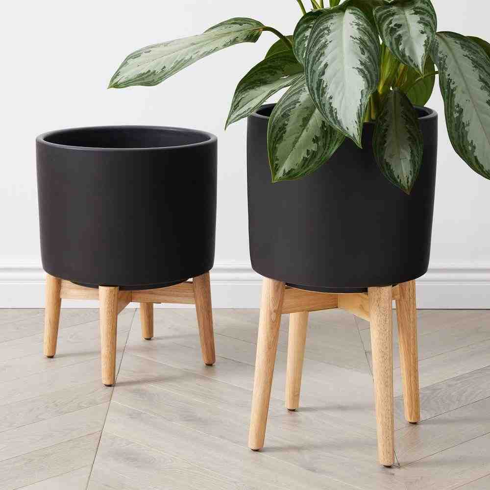 Mid-Century Ceramic Turned Wood Leg Planter, Terracotta