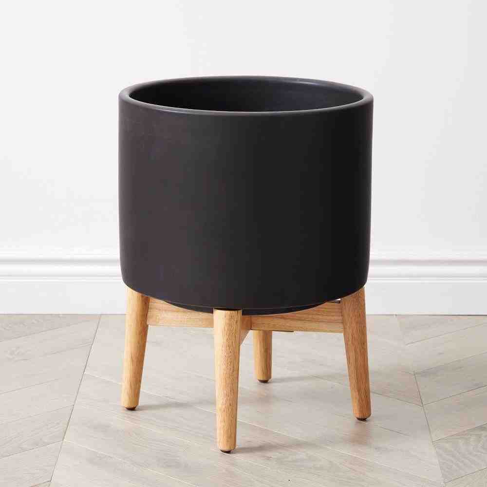 Mid-Century Ceramic Turned Wood Leg Planter, Terracotta