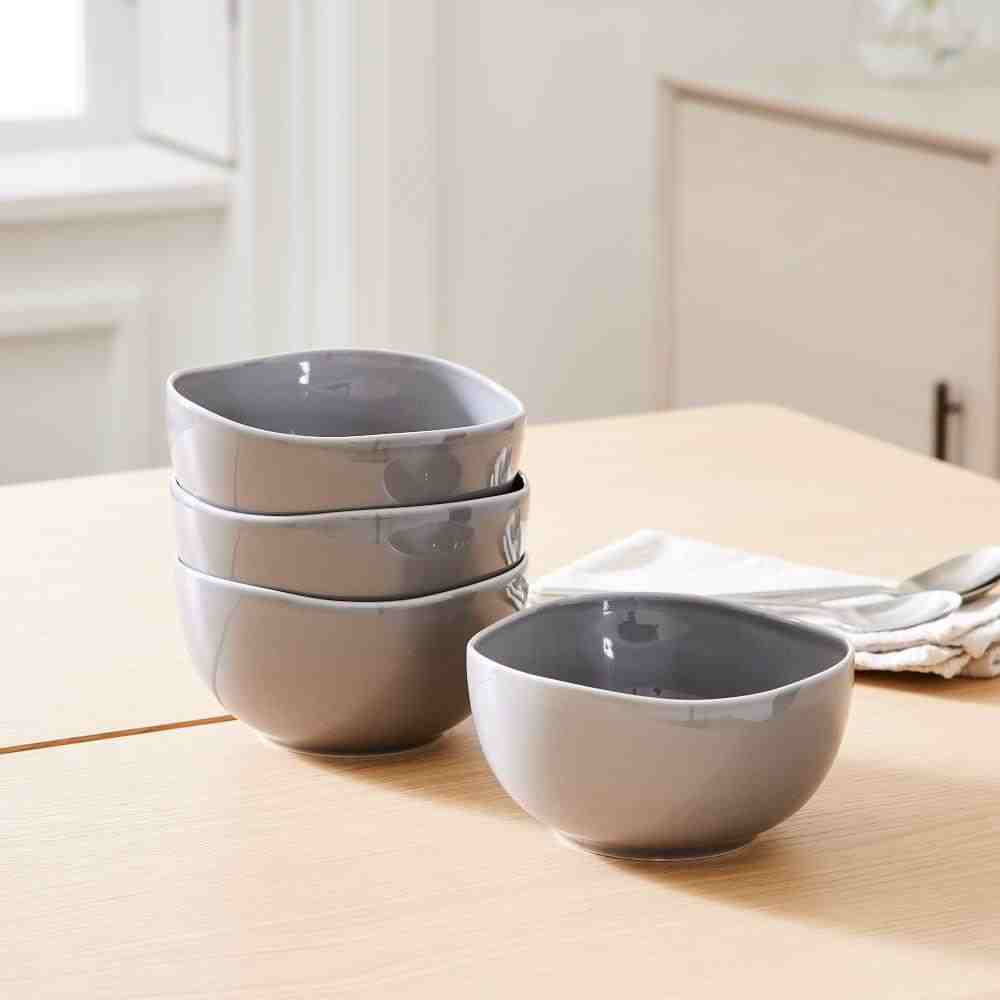 Organic Shaped Porcelain Cereal Bowl - Set of 4, Frost Grey
