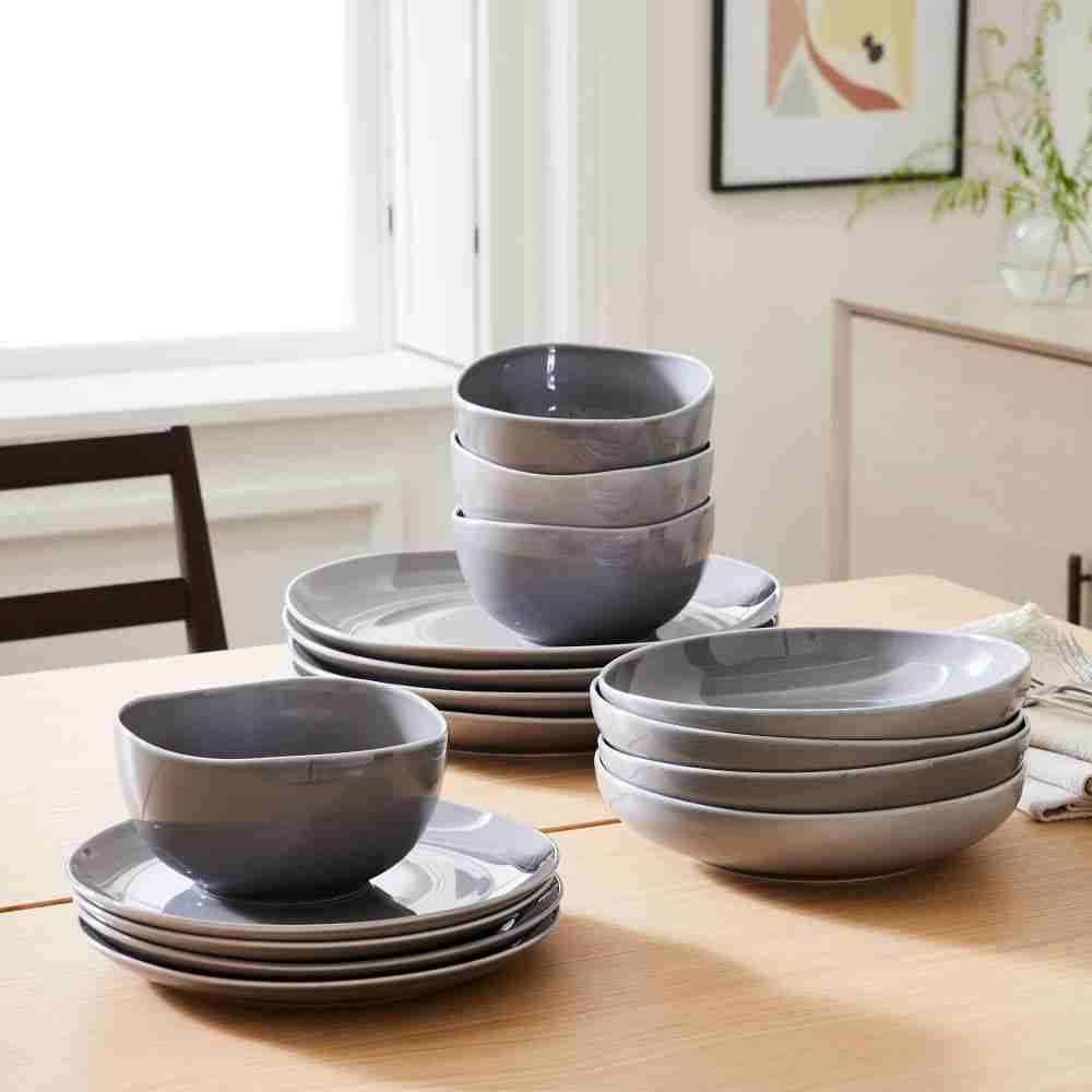 Organic Shaped Porcelain Dinnerware Set of 4 , Frost Grey