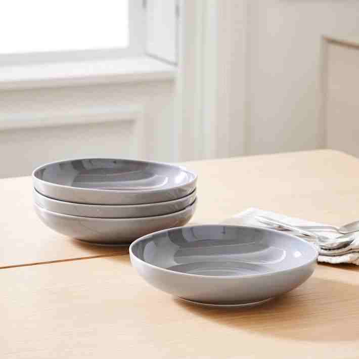 Organic Shaped Porcelain Low Bowl - Set of 4, Frost Grey