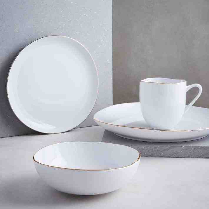 Organic Rimmed Porcelain Mug, Set of 4, Gold Rim
