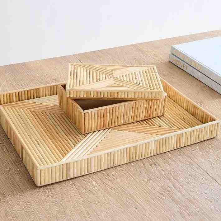 Pieced Pencil Reed Tray And Box, Natural