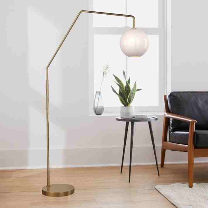 Sculptural Overarching Floor Lamp, Antique Brass, Clear Glass Globe (75")