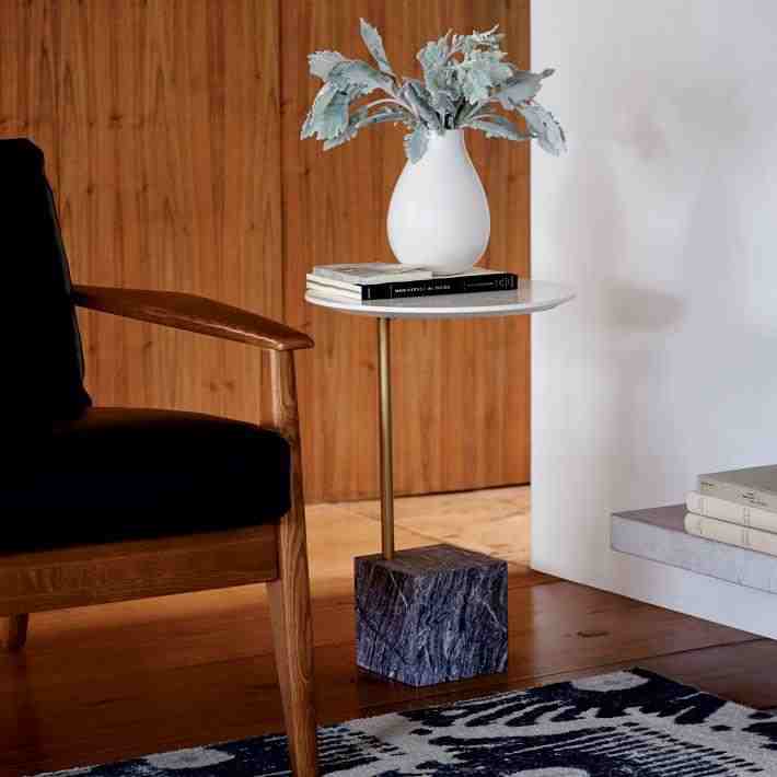 Cube Side Table, White/Antique Bronze/Gray Marble