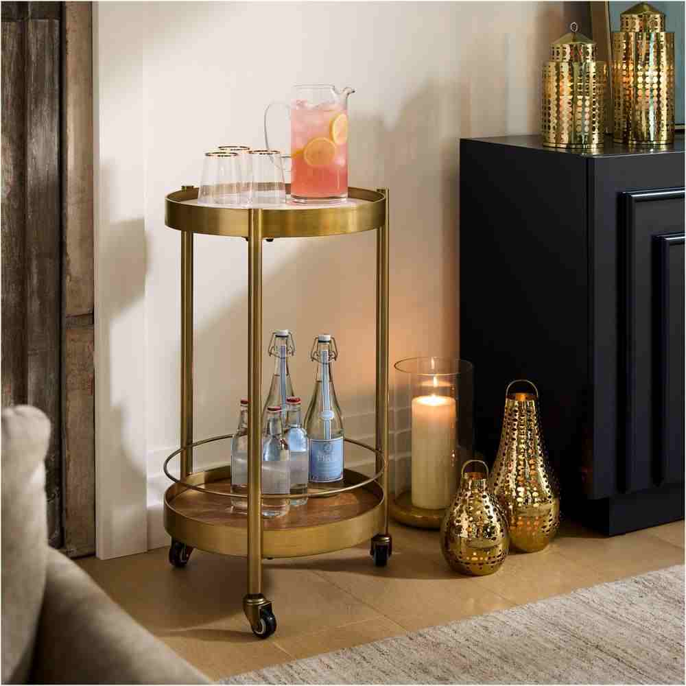 VANNES MARBLE AND WOOD BAR CART ROUND BURNT WAX