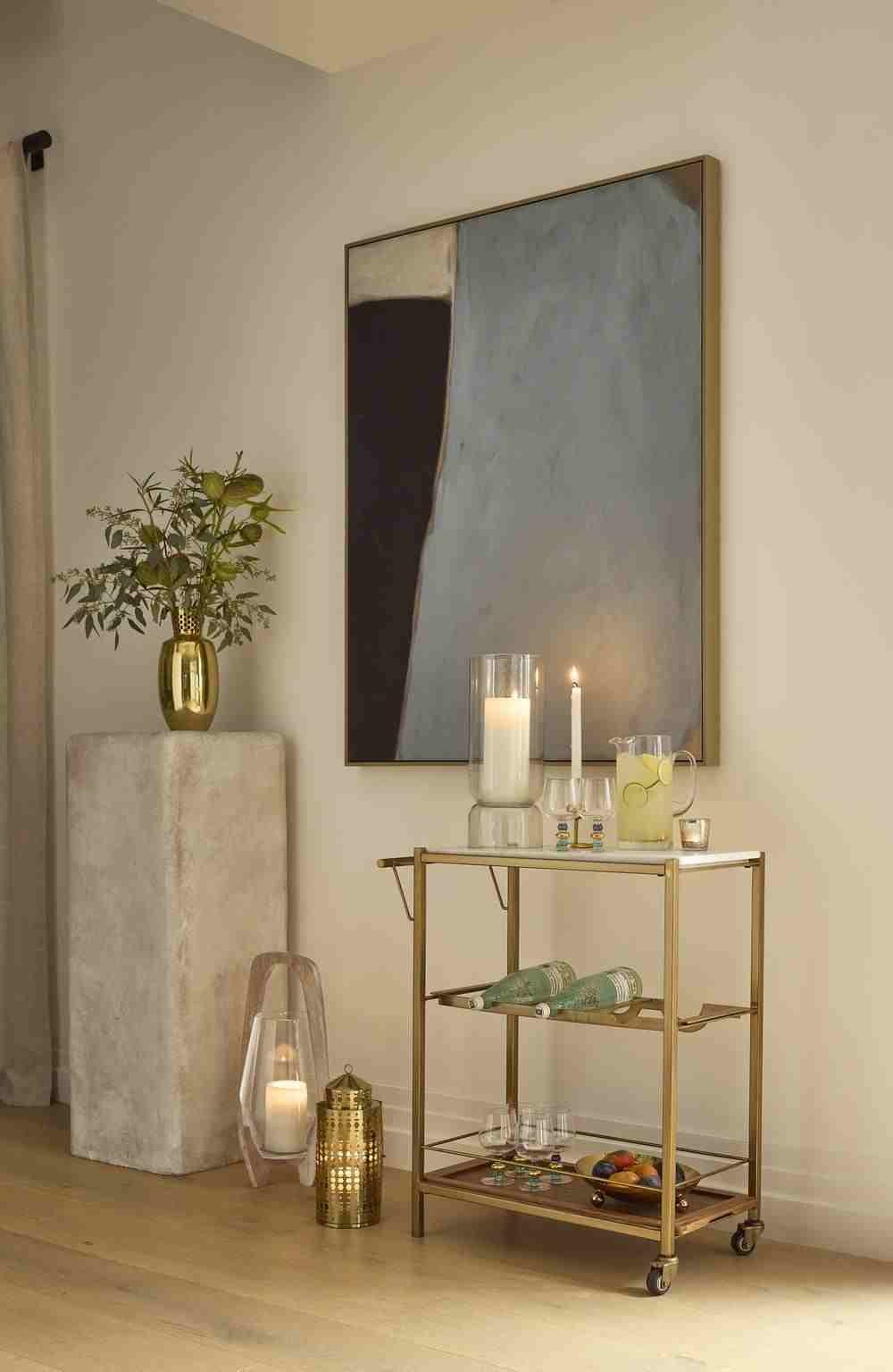 VANNES MARBLE AND WOOD BAR CART RECTANGLE BURNT WAX