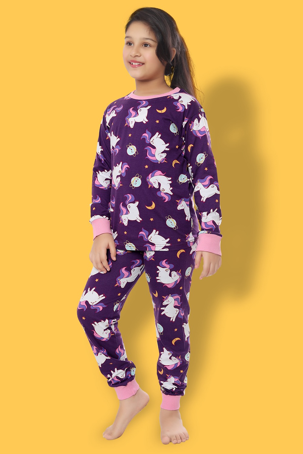 Ninos Dreams Girls Full Sleeves  Unicorn Printed Cotton Night Suit-Purple