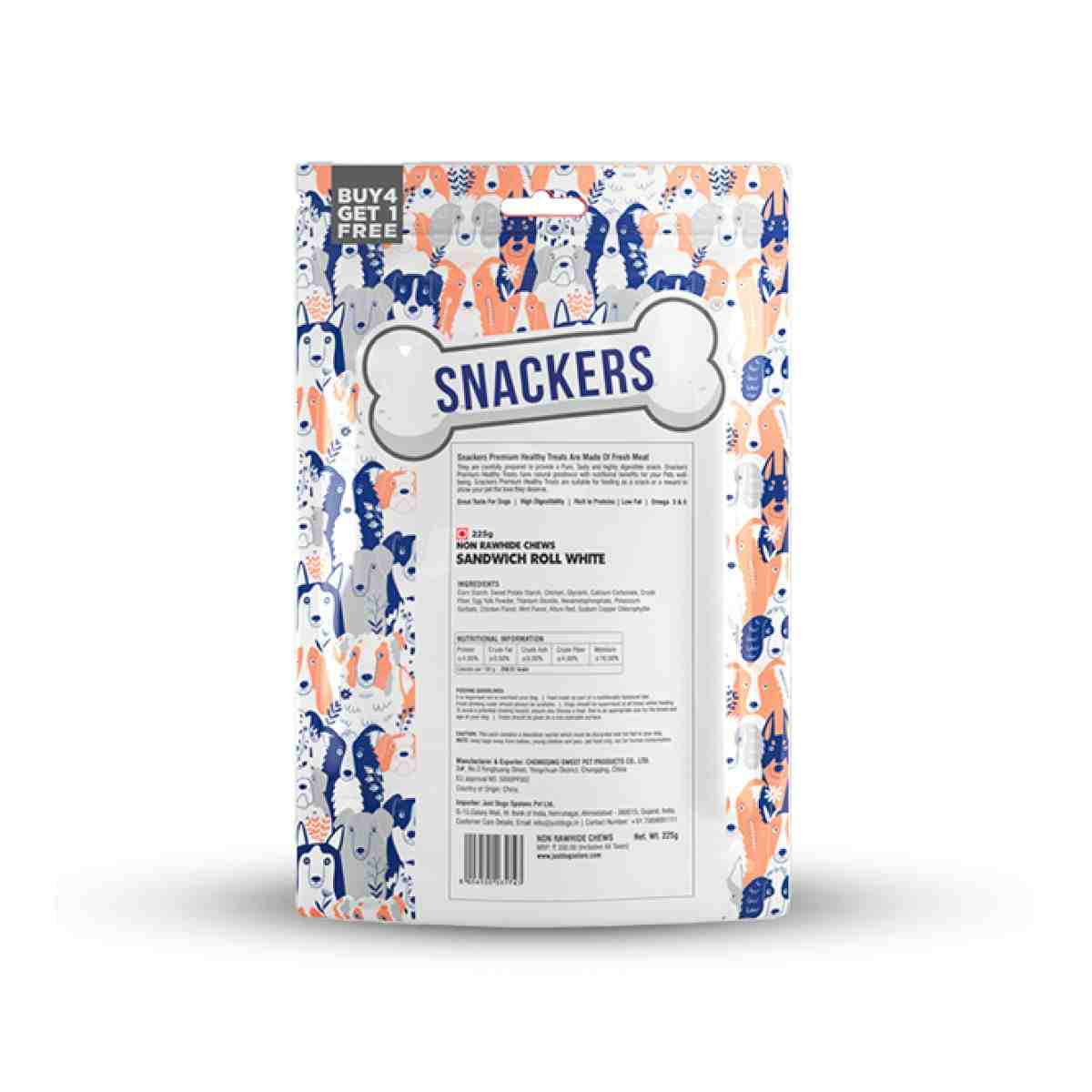 Snackers Non Rawhide Chews Sandwich Roll White for Dogs, 225 g