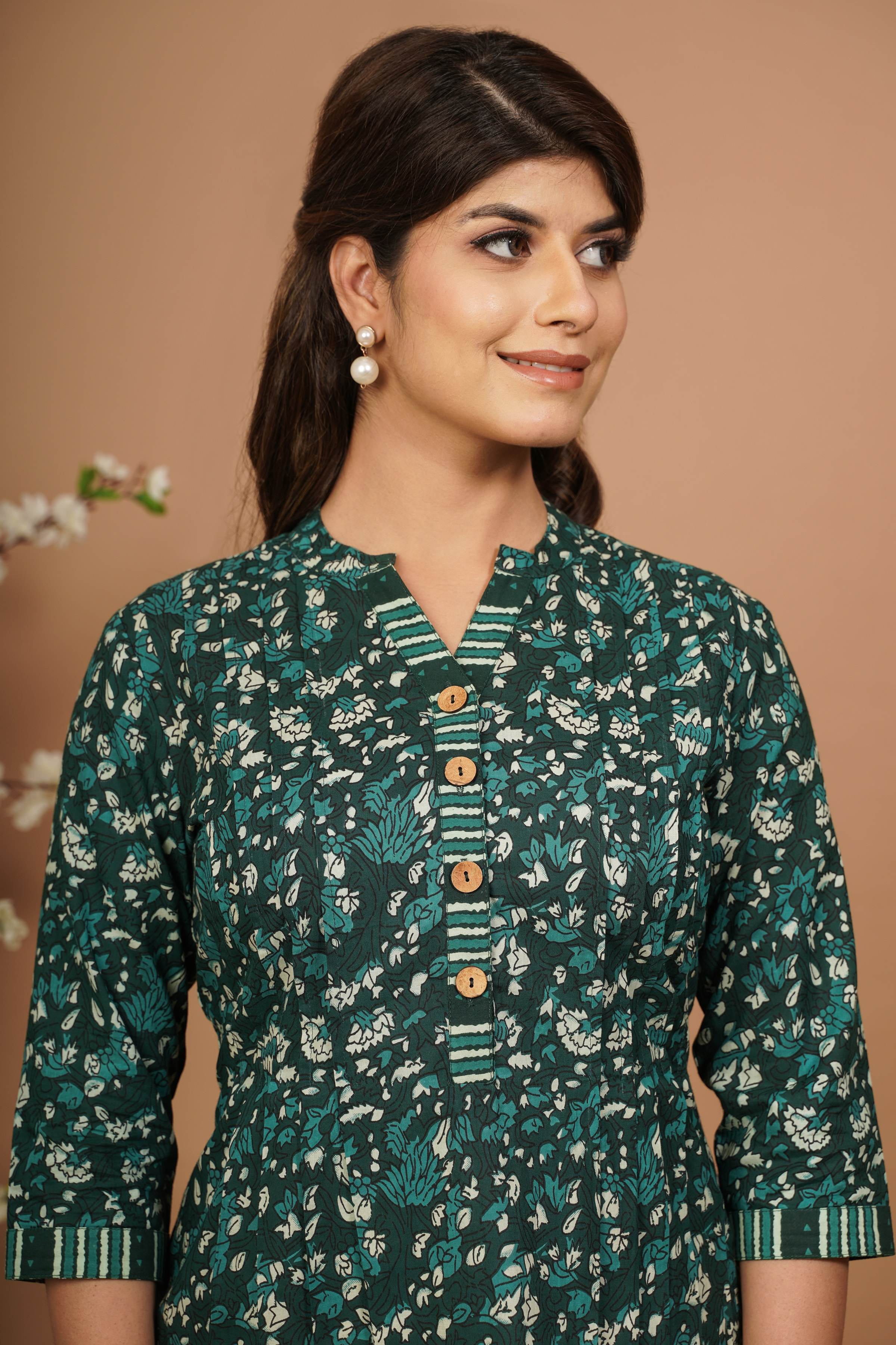 Green Printed Pure Cotton A-Line Top