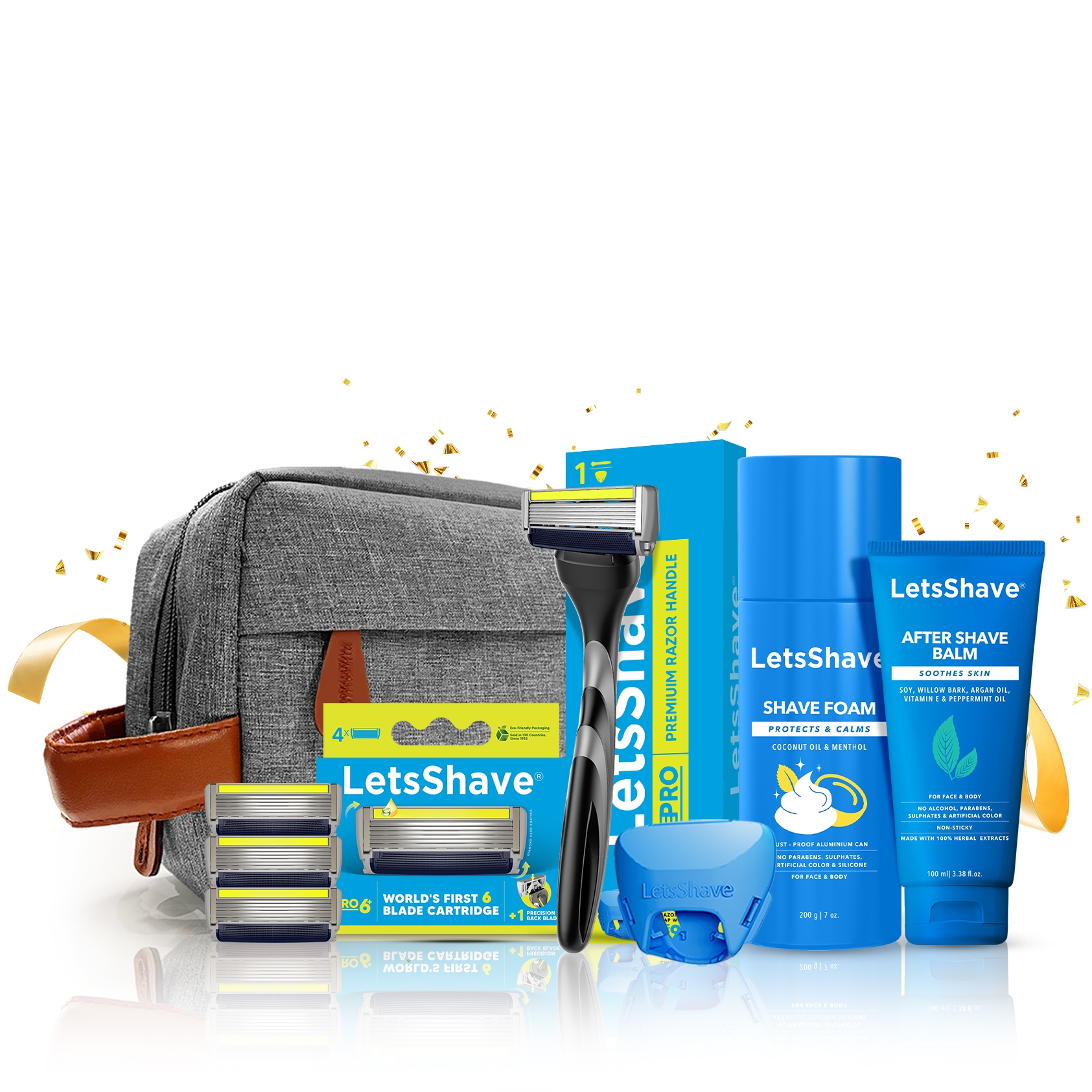LetsShave | LetsShave Pro 6 Plus Premium Gift Set - Pack of 4 Pro 6 Plus Blades + Razor Handle + Shave Foam - 200g + After Shave Balm + Travel Bag + Travel Cap 0