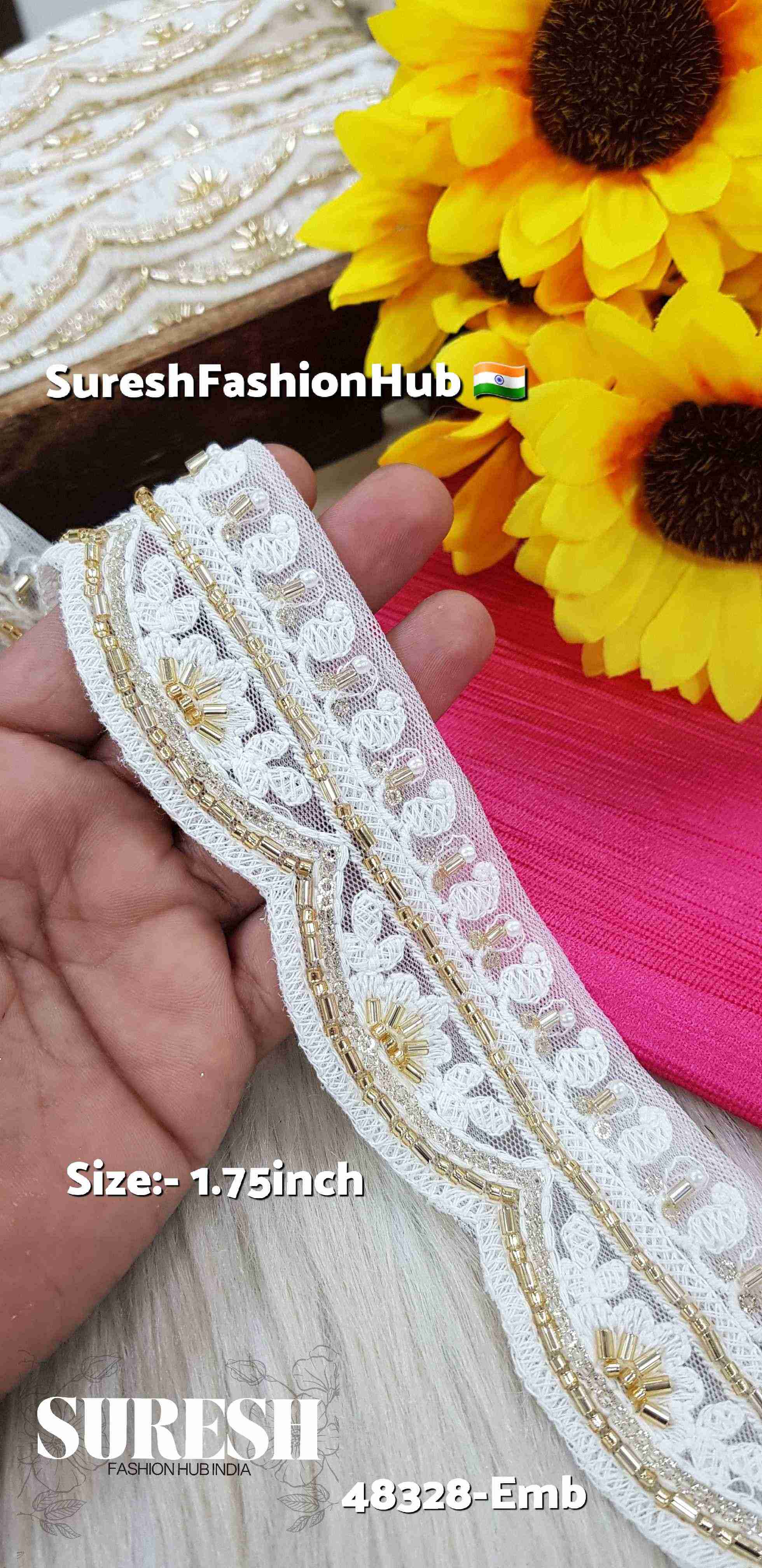 White with Gold Scallop Cutwork Embroidery Lace – 48328-Emb