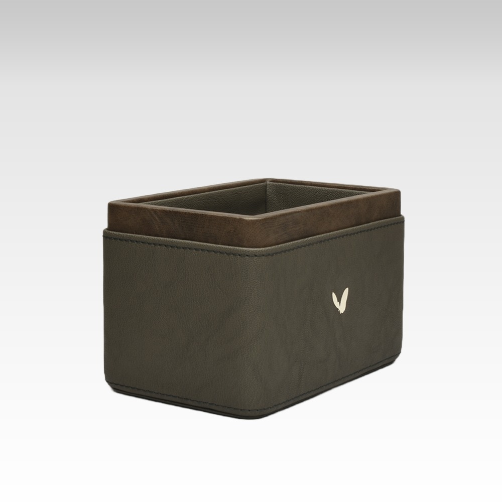 Ultra Premium Pen/Pencil Holder / Desk Organizer / Accessories in Premium Faux Leather | Rectangular | Size: 3.5x5.5x3.5(H) Inches | Two Compartment | Lycra Series (Olive Green)