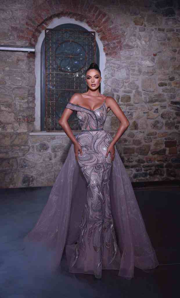 Multi off shoulder gown with overskirt