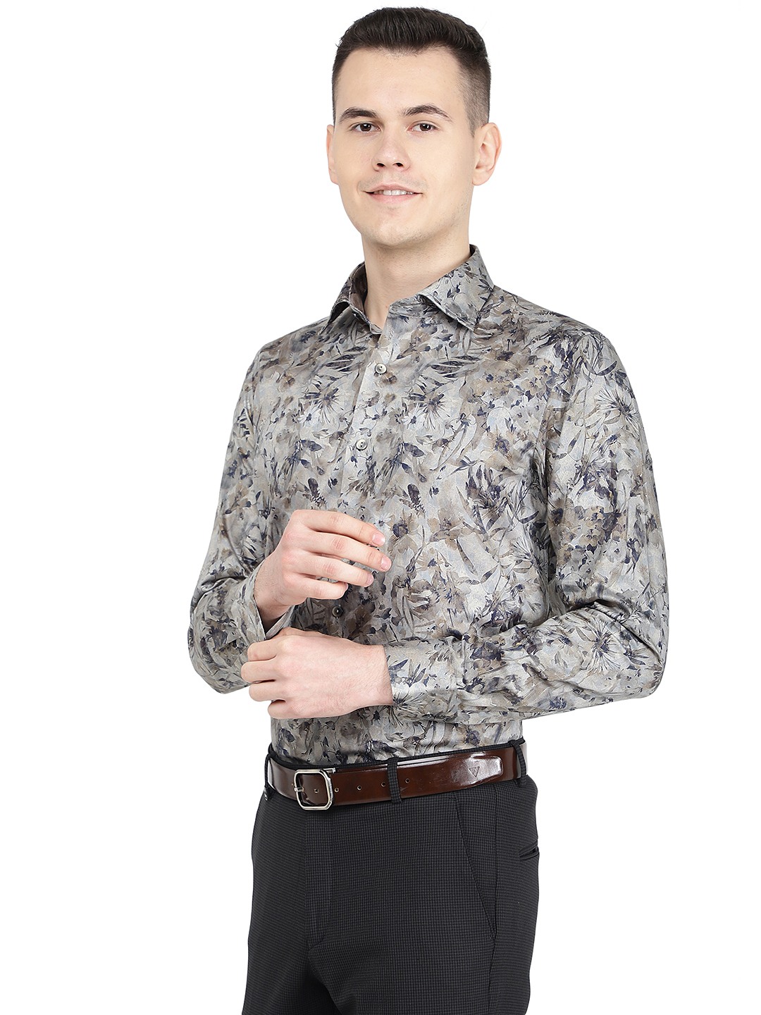 Grey Printed Slim Fit Party Wear Shirt | Wyre